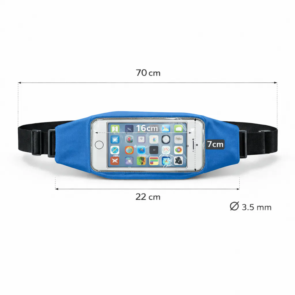 Medidas de la riñonera azul: 70 cm con correa, bolsillo de 22 cm y espacio para celular de 16 x 7 cm