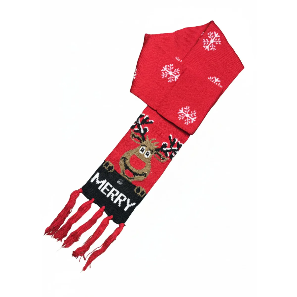 Bufanda navideña roja con copos de nieve, reno de nariz roja y texto MERRY