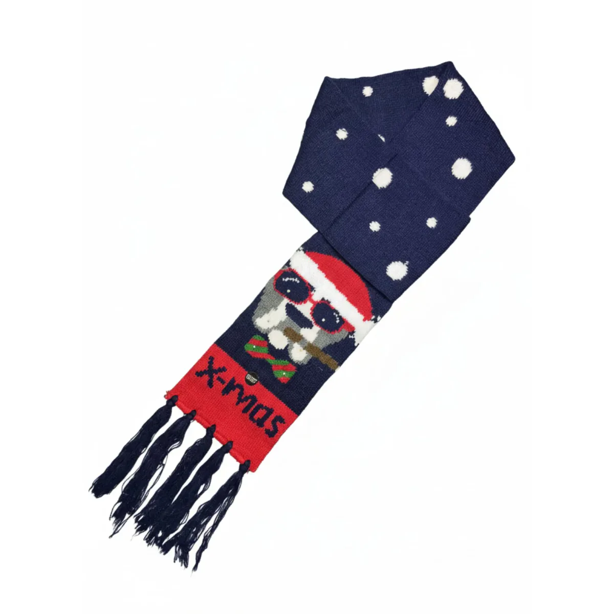 Bufanda navideña azul oscuro con perro con gorro de Papá Noel y texto X-MAS