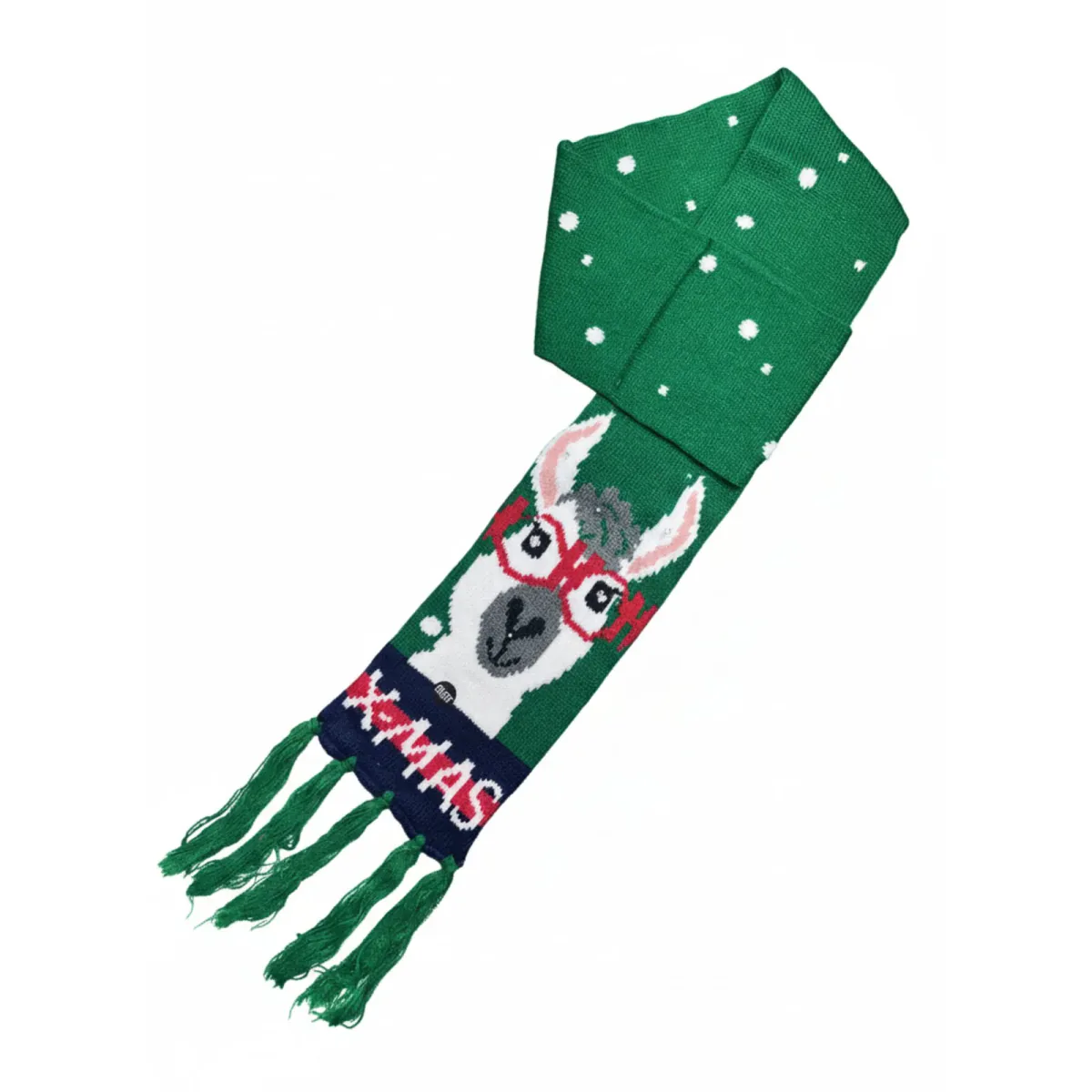 Bufanda navideña verde con alpaca de gafas rojas y texto X-MAS