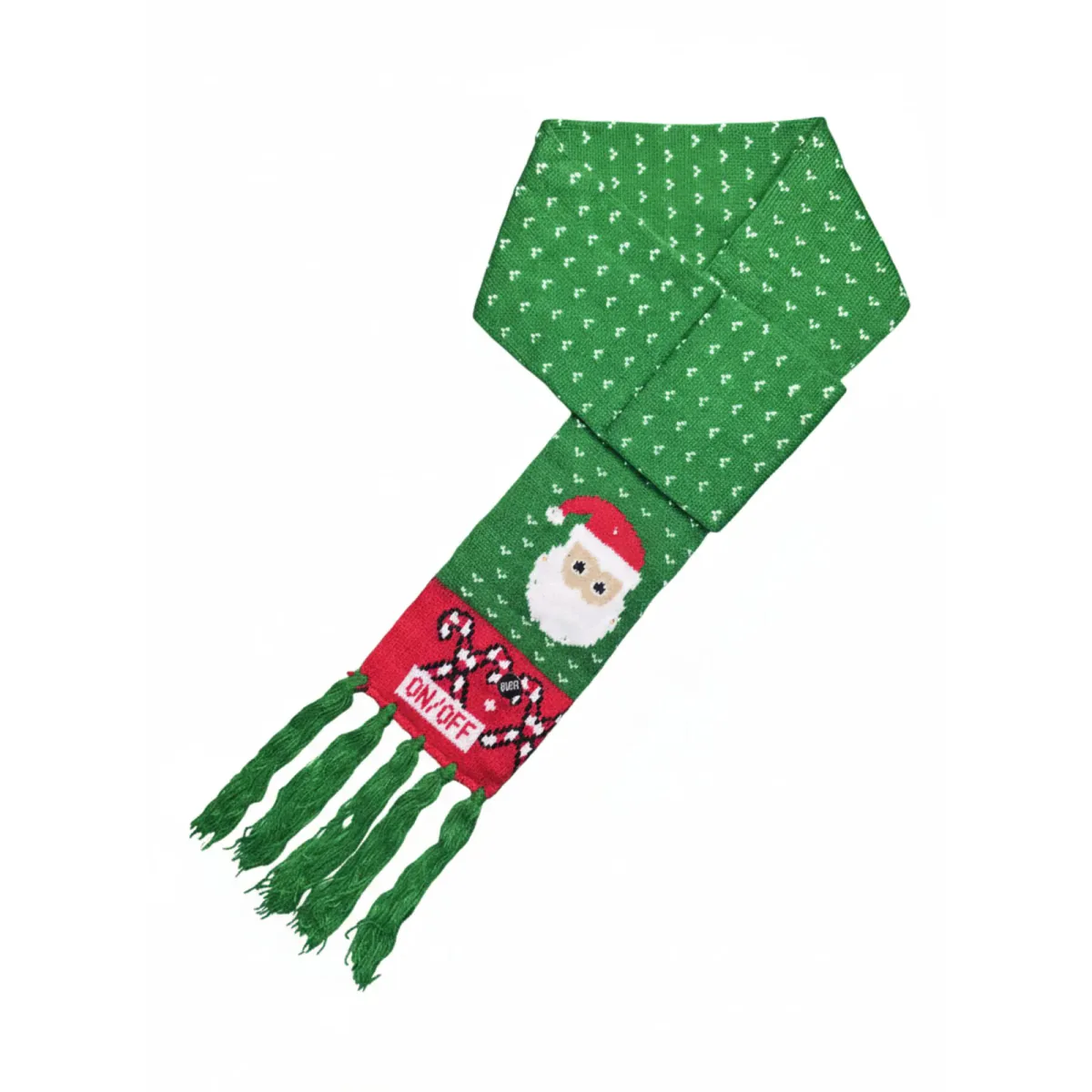 Bufanda navideña verde con Papá Noel, bastones de caramelo y botón ON/OFF
