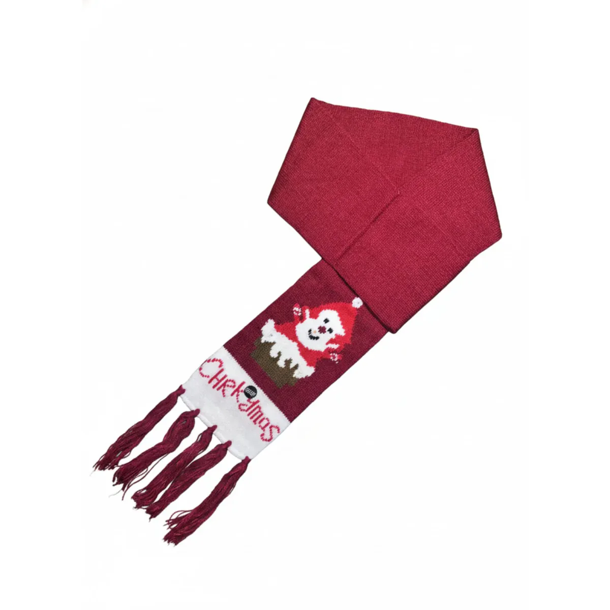 Bufanda navideña vinotinto con muñeco con gorro de Papá Noel y texto Christmas