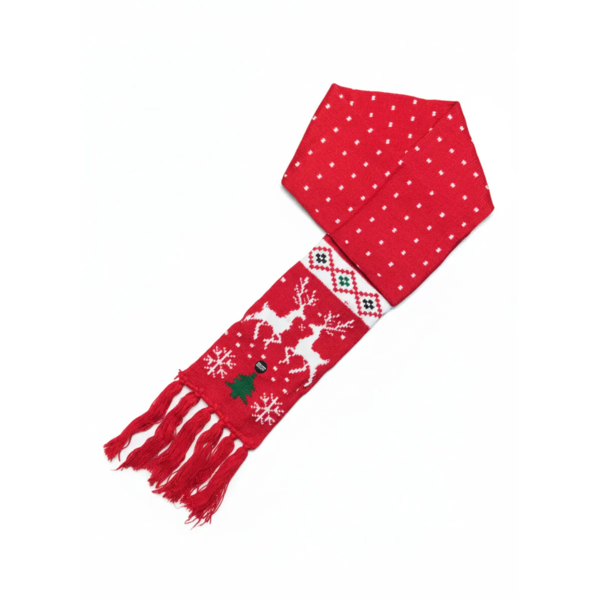 Bufanda navideña roja de puntos con renos blancos y copos de nieve