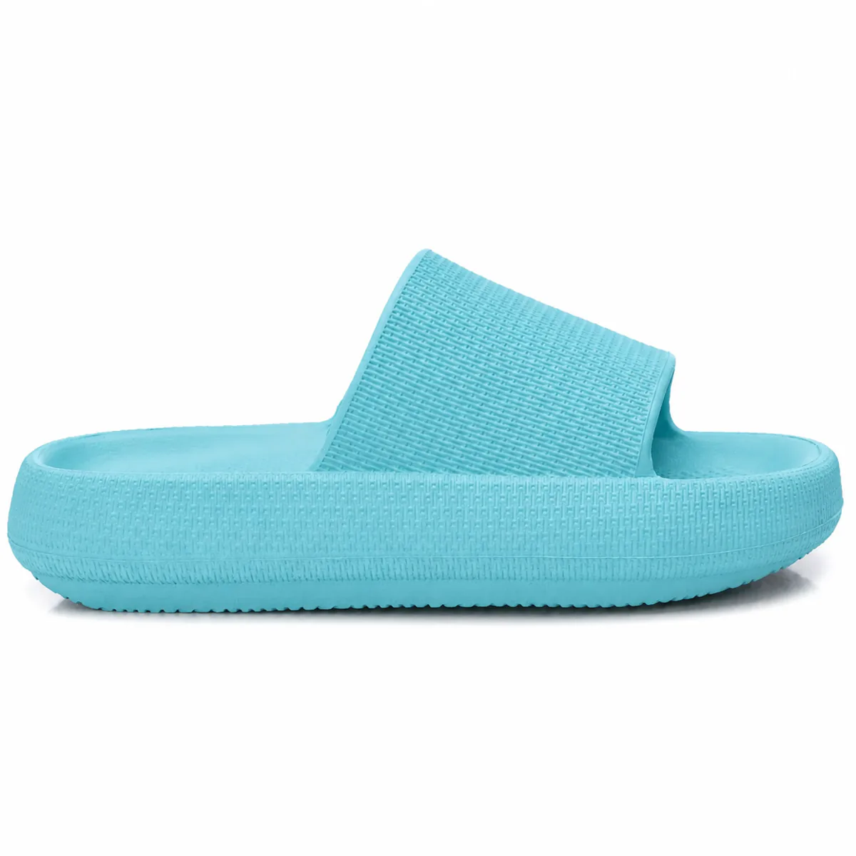 Pantufla tipo nube azul turquesa, vista de lado