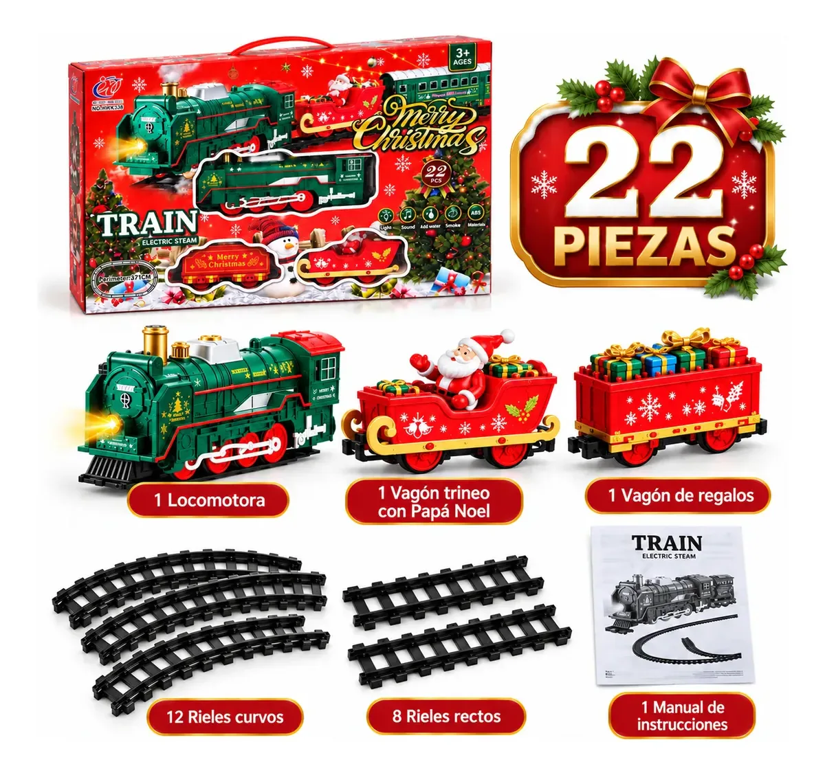 Tren Navideño Eléctrico a Vapor con Luz y Sonido, 22 Piezas, foto 2 de 6