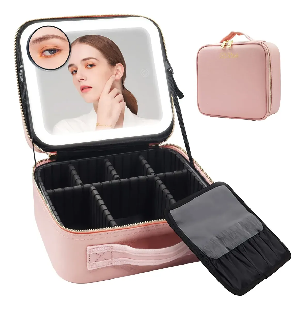 Combo Cosmetiquera con Espejo LED y Limpiador Eléctrico de Brochas, foto 1 de 6