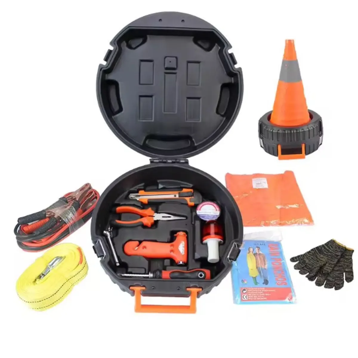 Kit de carretera con estuche tipo llanta abierto, cono, cables, eslinga, chaleco, impermeable y guantes