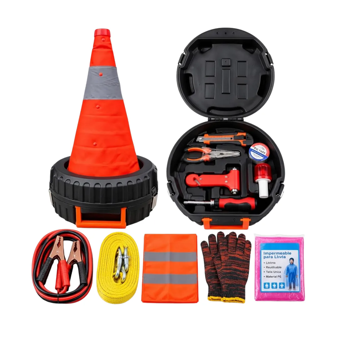 Todo lo que incluye el kit de carretera para carro con estuche tipo llanta