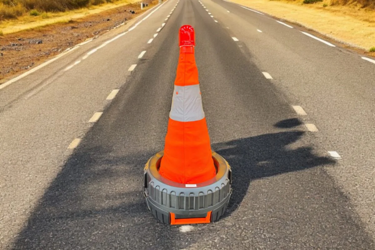 Cono de seguridad con baliza sobre el estuche tipo llanta en medio de una carretera