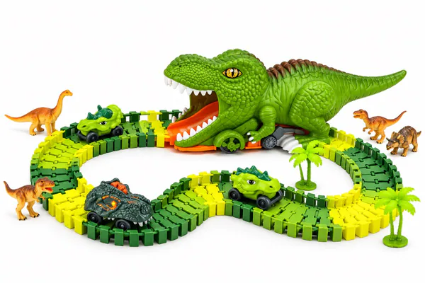 Pista de dinosaurios flexible de 101 piezas con 3 carros y dinosaurio gigante