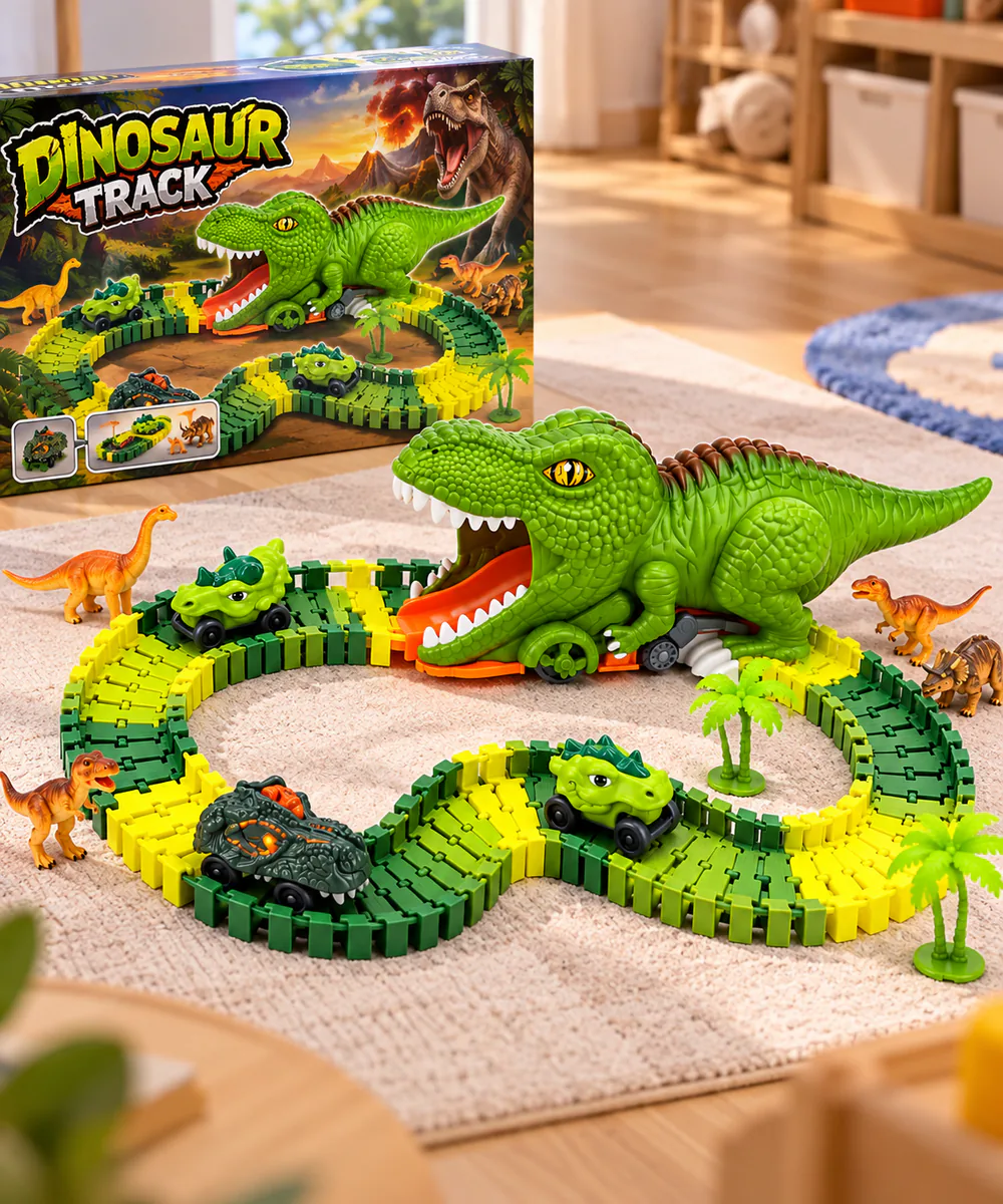 Pista de dinosaurios armada sobre un tapete en un cuarto de niños