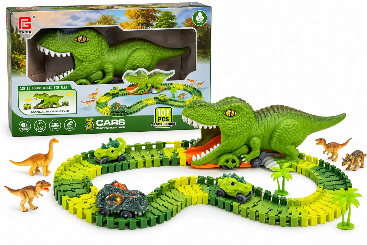 Pista de dinosaurios armada junto a su caja