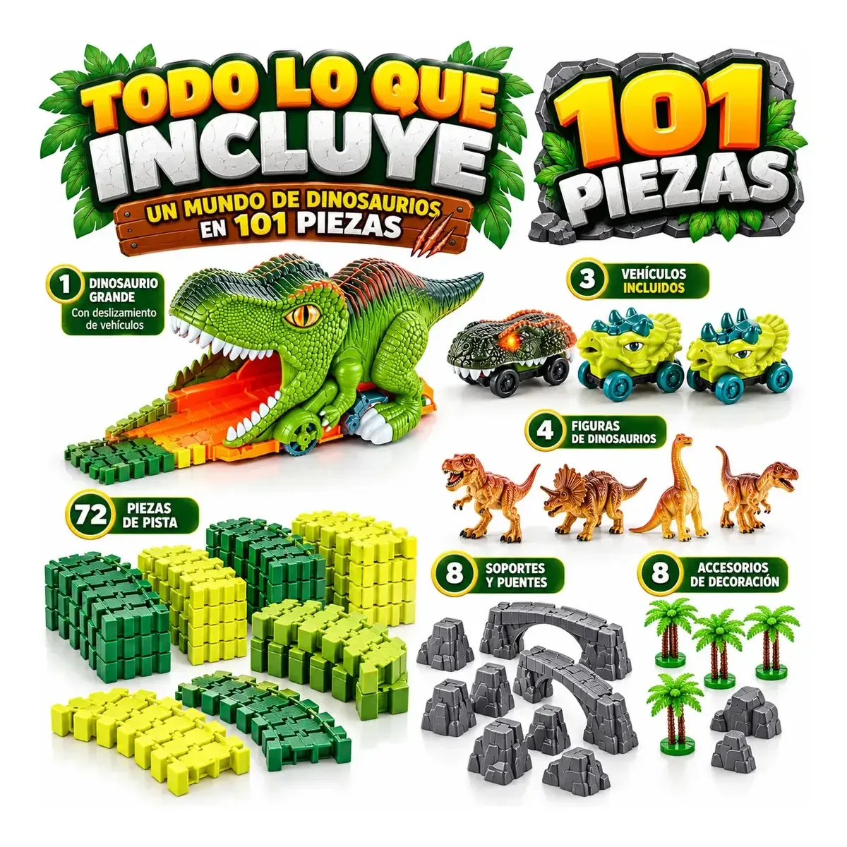 Todo lo que incluye la pista de dinosaurios de 101 piezas: dinosaurio, 3 carros, pista, figuras y accesorios