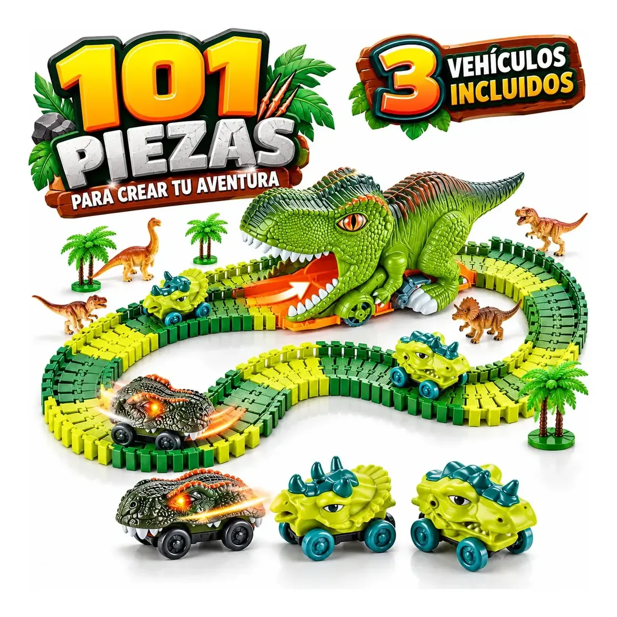 Pista de dinosaurios de 101 piezas armada con sus 3 carros con forma de dinosaurio