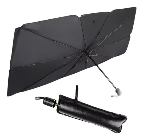 Parasol sombrilla negro abierto y su funda negra con correa