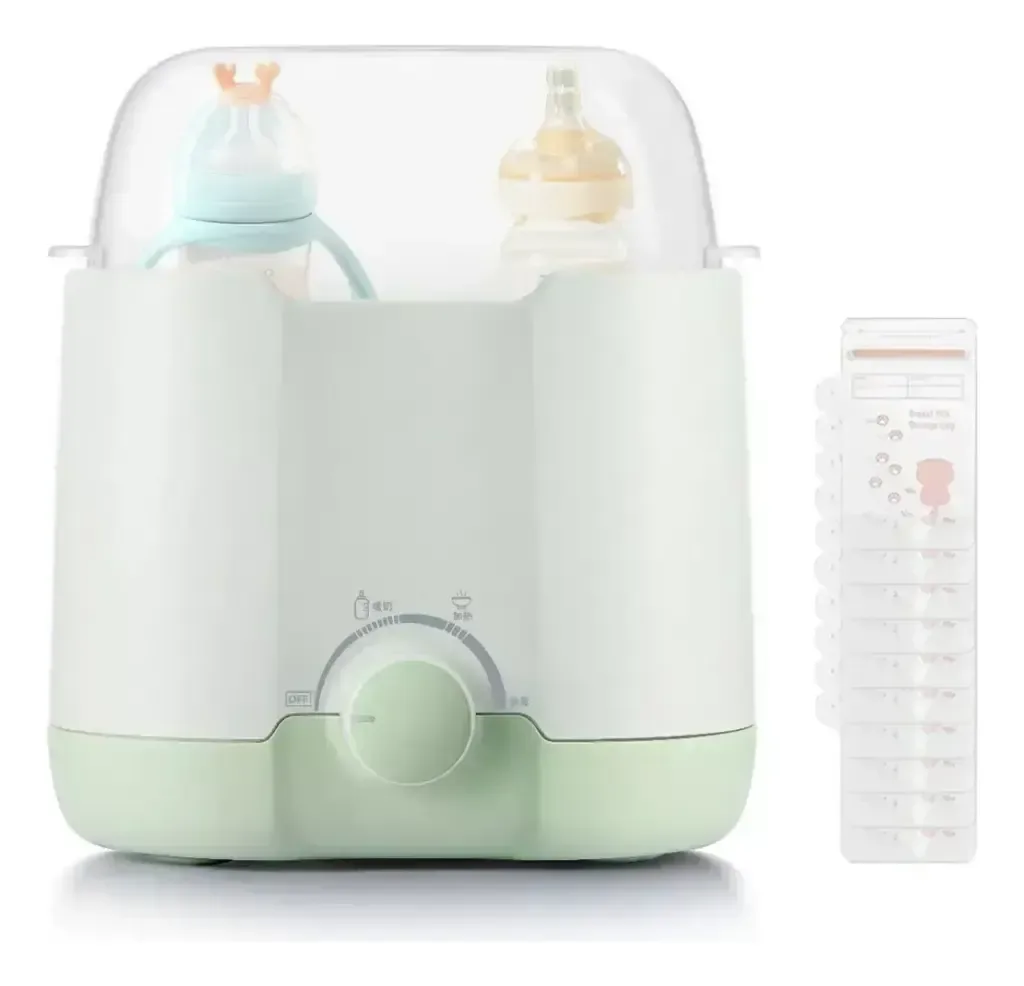 Esterilizador y calentador de teteros blanco y verde con 2 teteros bajo la tapa transparente