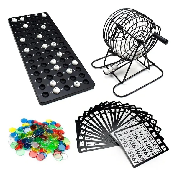 Juego de bingo familiar con balotera metálica, balotas del 1 al 75, cartones y fichas