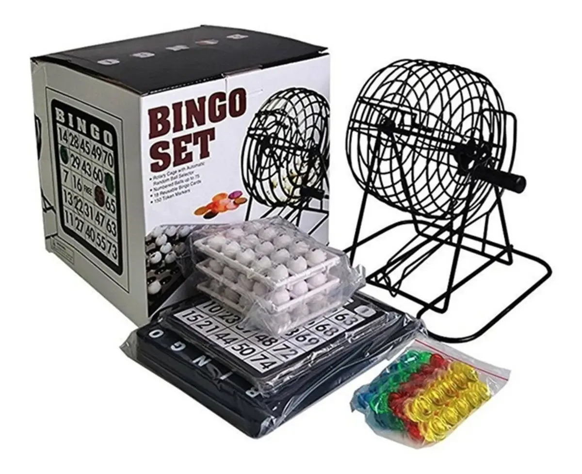 Juego de bingo con su caja, balotera, balotas, cartones y fichas