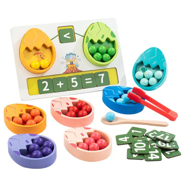 Juego Montessori de huevos de dinosaurio para contar y sumar, con 40 bolitas y pinza
