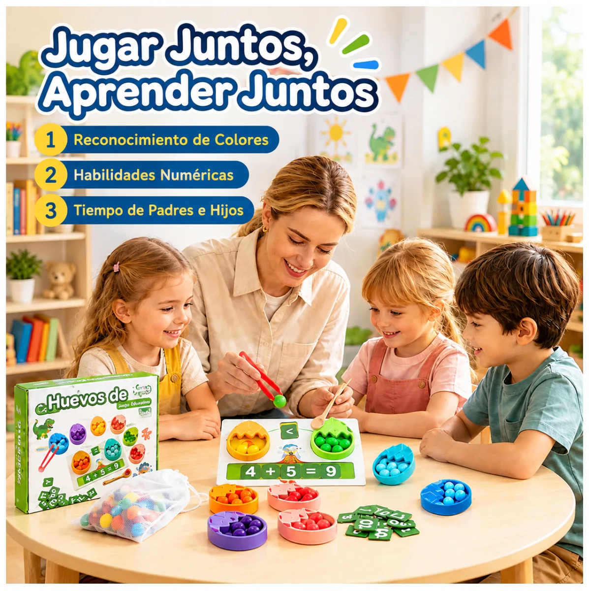 Mamá y niños jugando con los huevos de dinosaurio para contar y sumar