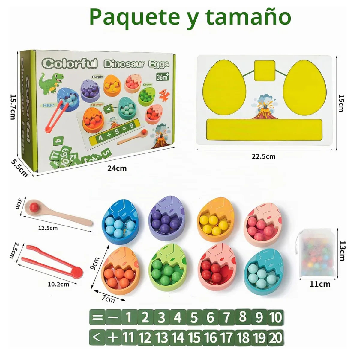 Medidas del juego: caja de 24 cm, tablero de 22,5 x 15 cm, huevos de 9 x 7 cm y fichas