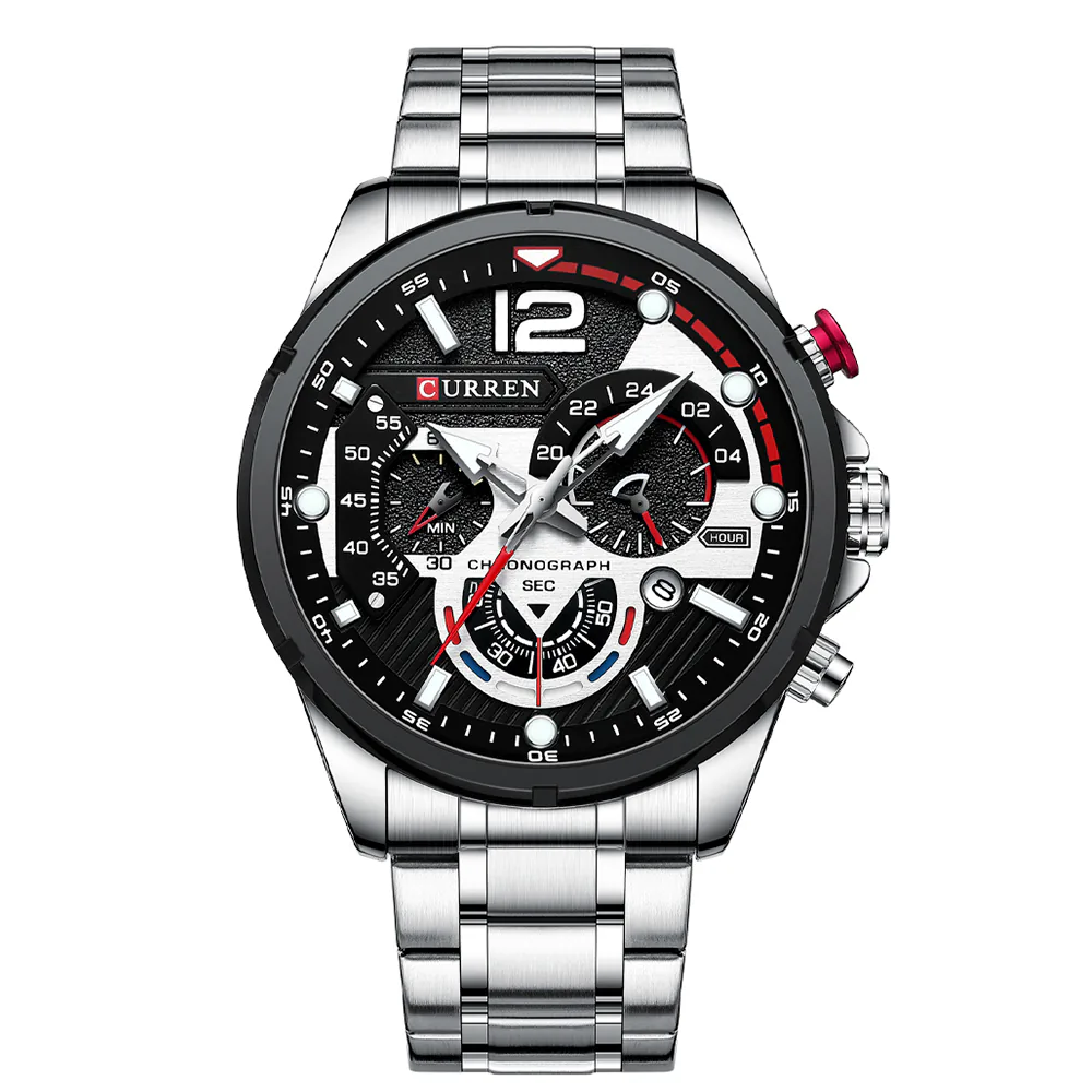 Reloj Curren 8395 plateado con esfera negra y cronógrafo
