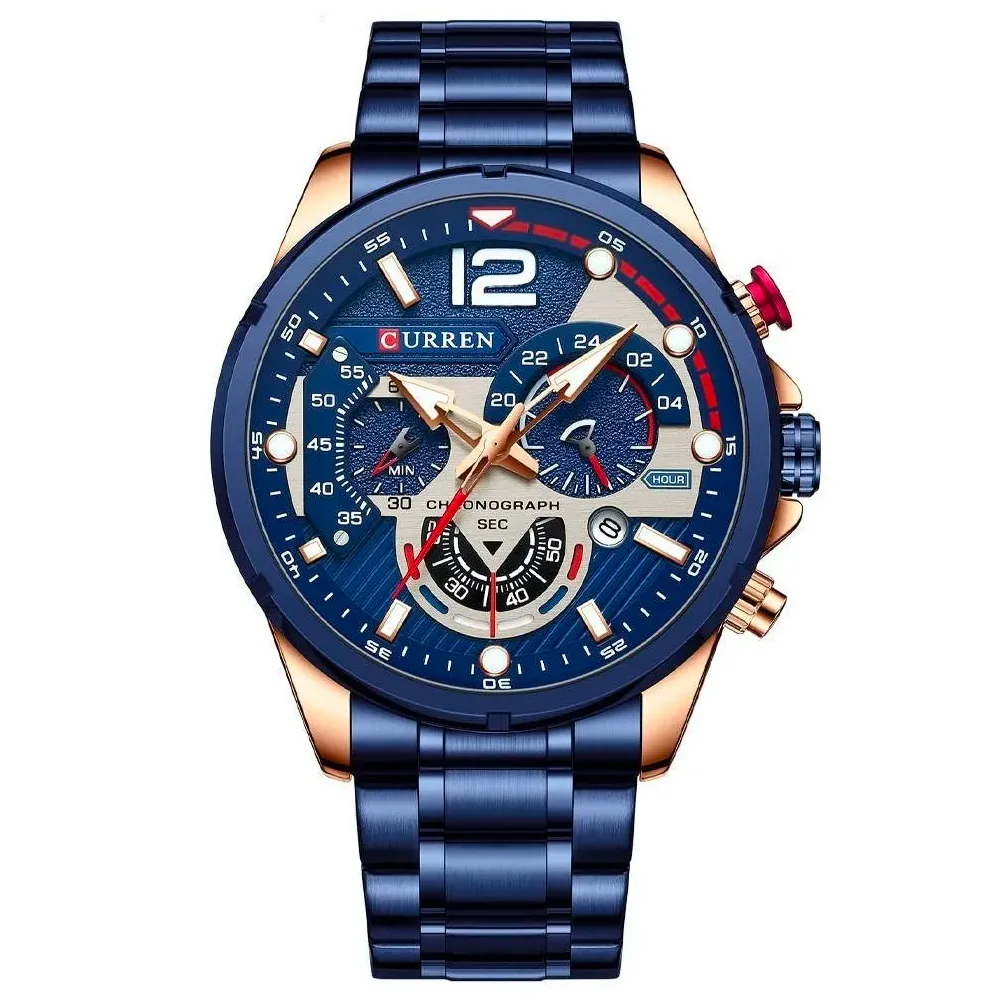 Reloj Curren 8395 azul con detalles oro rosa y pulso de acero azul