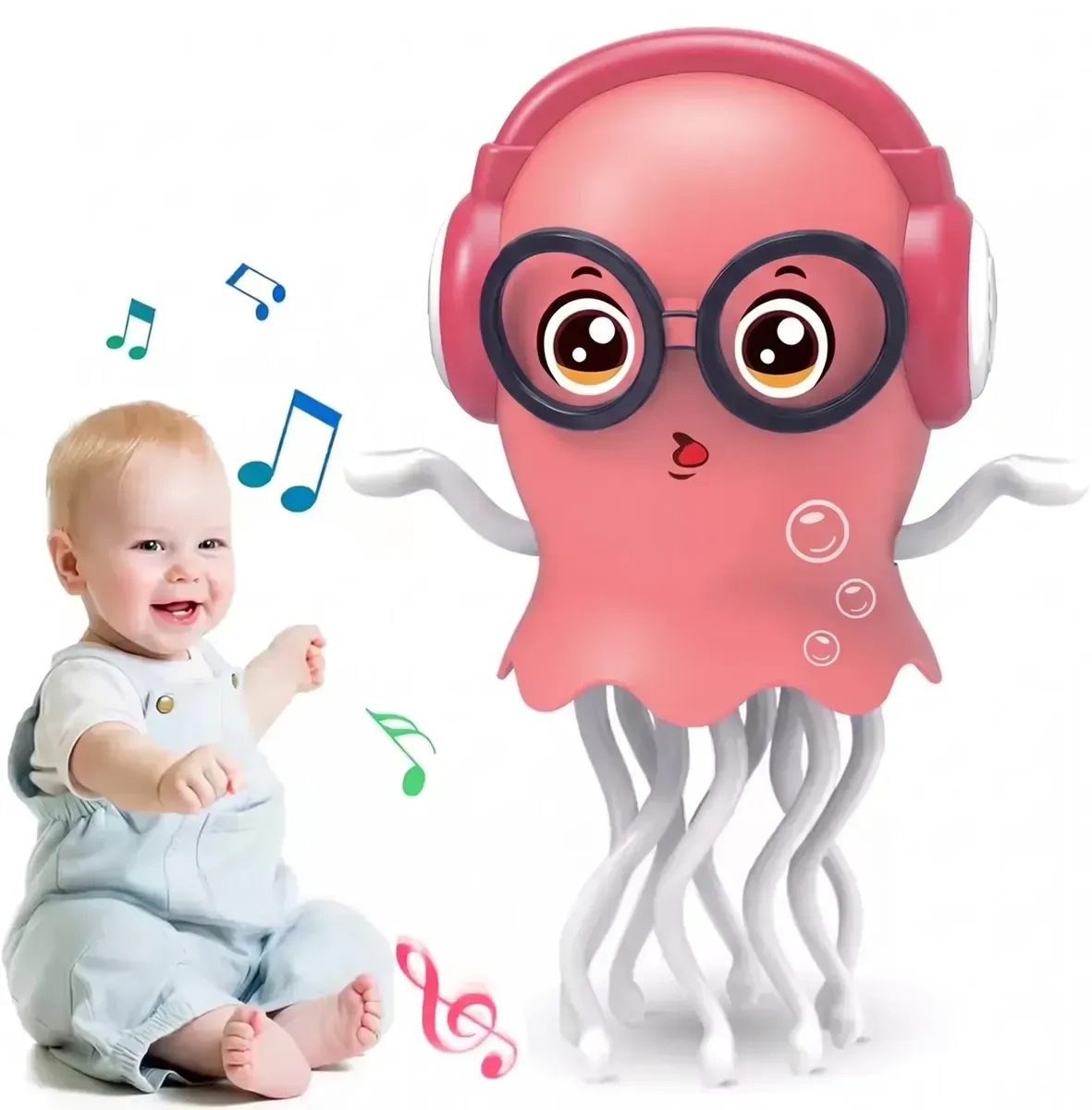 Bebé feliz junto a la medusa bailarina musical rosada