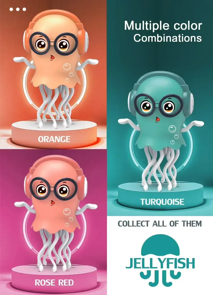 Medusa bailarina en naranja, turquesa y rosado sobre bases iluminadas
