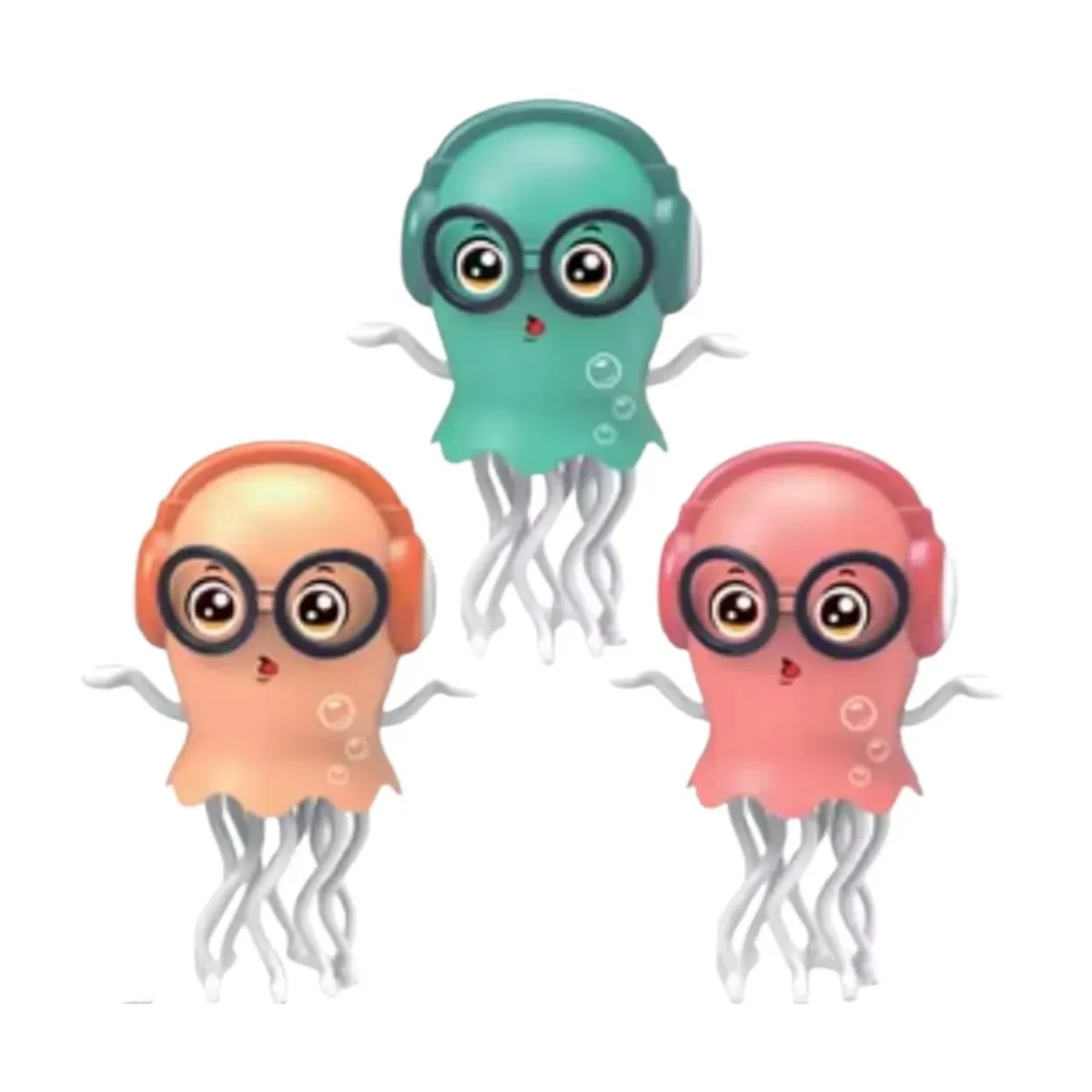 Medusa bailarina en tres colores: verde turquesa, naranja y rosado
