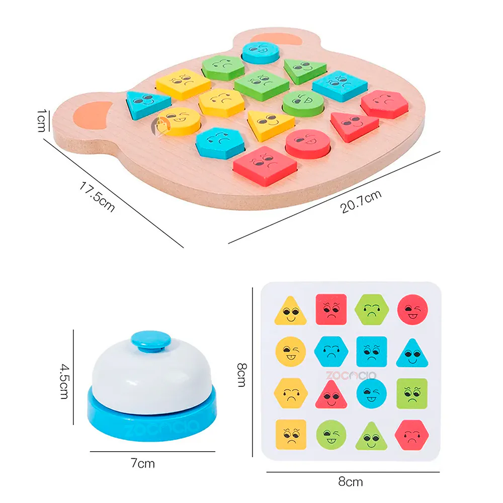 Medidas del juego: tablero de 20,7 x 17,5 cm, timbre de 7 cm y tarjeta de 8 x 8 cm