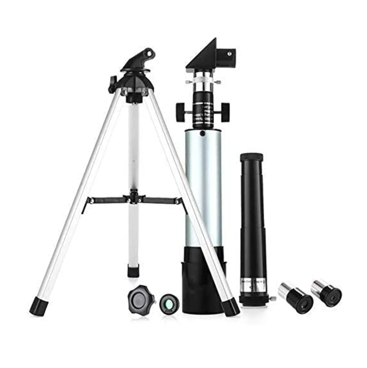 Partes del telescopio: trípode, tubo, lente de aumento, oculares, tornillo y filtro lunar