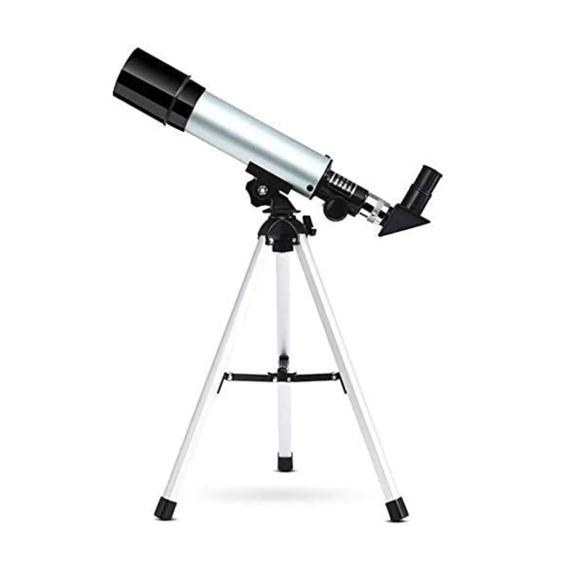 Telescopio astronómico F36050 plateado y negro sobre su trípode de aluminio