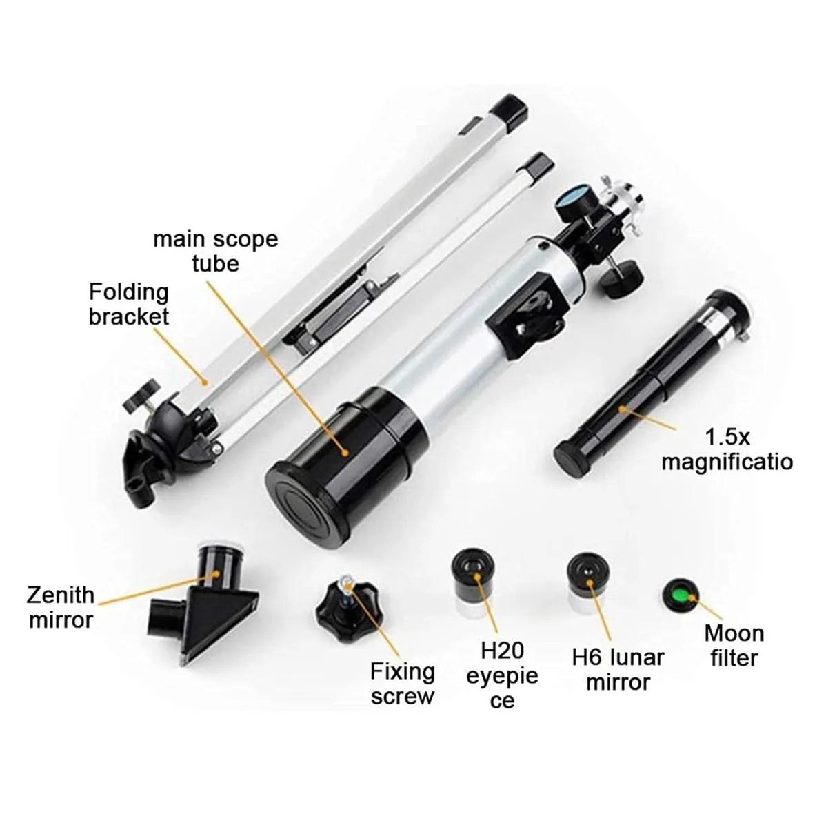 Piezas del telescopio con sus nombres: espejo cenital, oculares H20 y H6 y filtro lunar