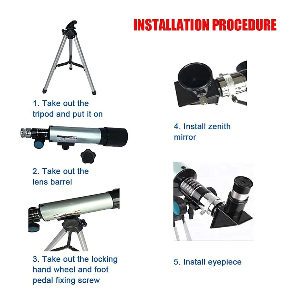 Pasos para armar el telescopio: trípode, tubo, tornillo, espejo cenital y ocular