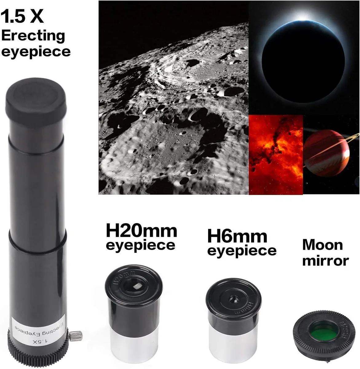 Lente de aumento de 1,5x, oculares H20 mm y H6 mm y filtro lunar, con fotos de la Luna