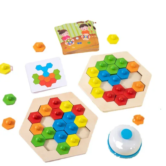 Rompecabezas hexagonal de madera para dos jugadores con 40 piezas, 30 tarjetas y timbre