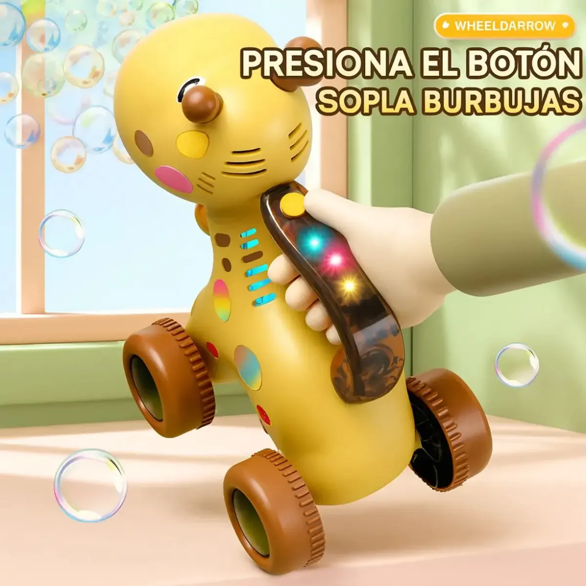 Mano presionando el botón con luces del caminador de jirafa para soplar burbujas