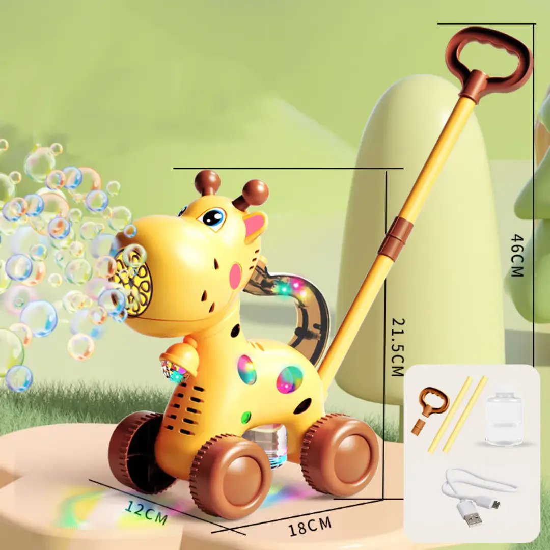 Caminador de jirafa con sus medidas, mango por partes, frasco y cable USB
