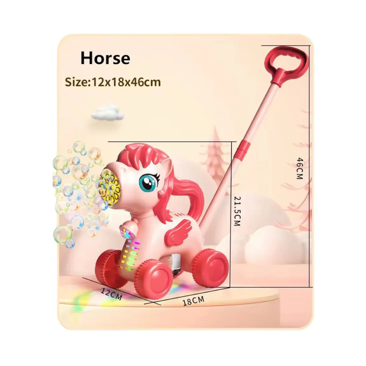 Caminador de unicornio rosado con sus medidas: 12 x 18 x 46 cm