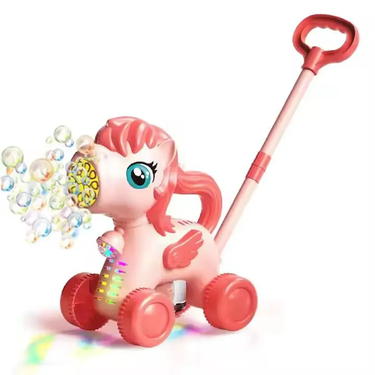 Caminador de empuje de unicornio rosado con alas lanzando burbujas y con luces