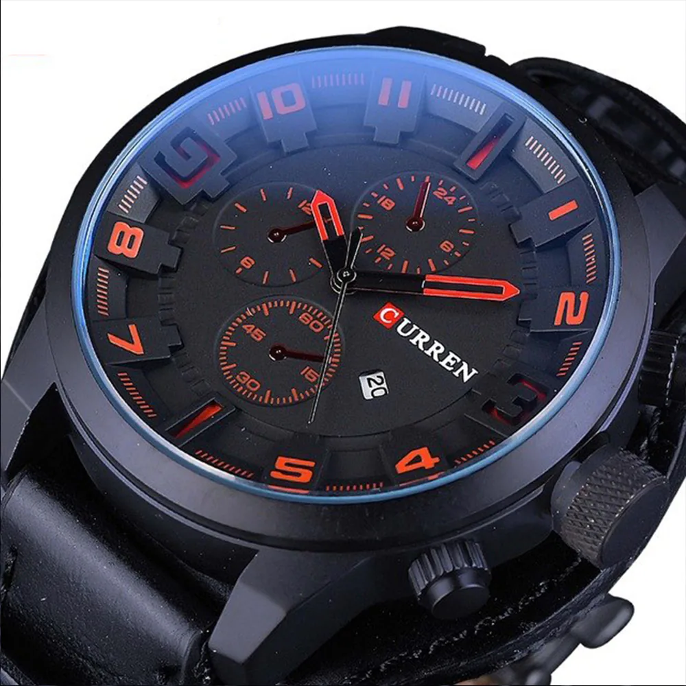 Detalle de la esfera negra con números rojos del reloj Curren 8225