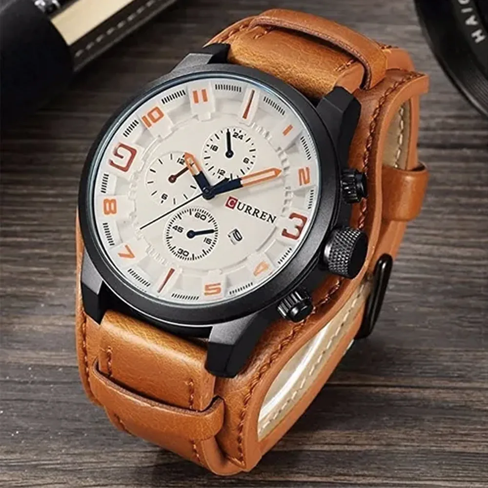 Reloj Curren 8225 con esfera blanca, ventana de fecha y pulso café