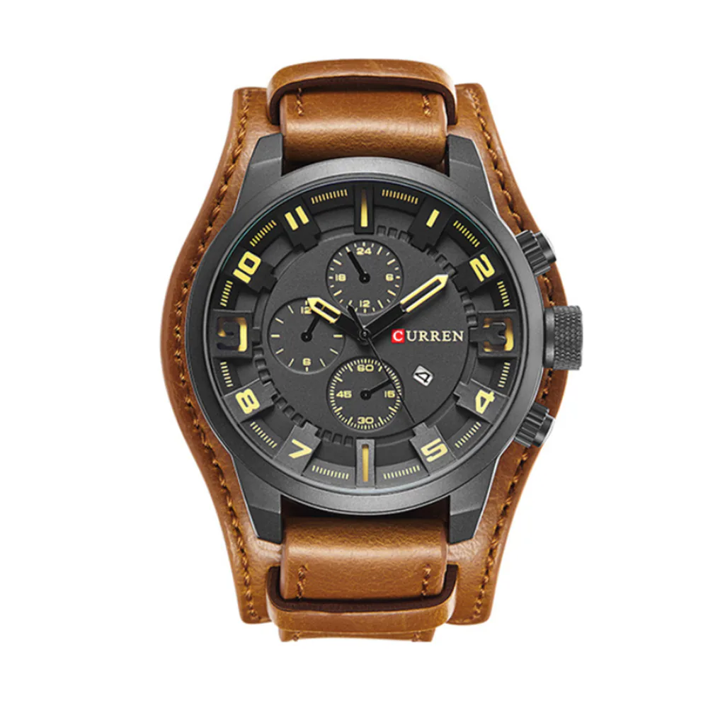 Reloj Curren 8225 con esfera negra, números amarillos y pulso de cuero café