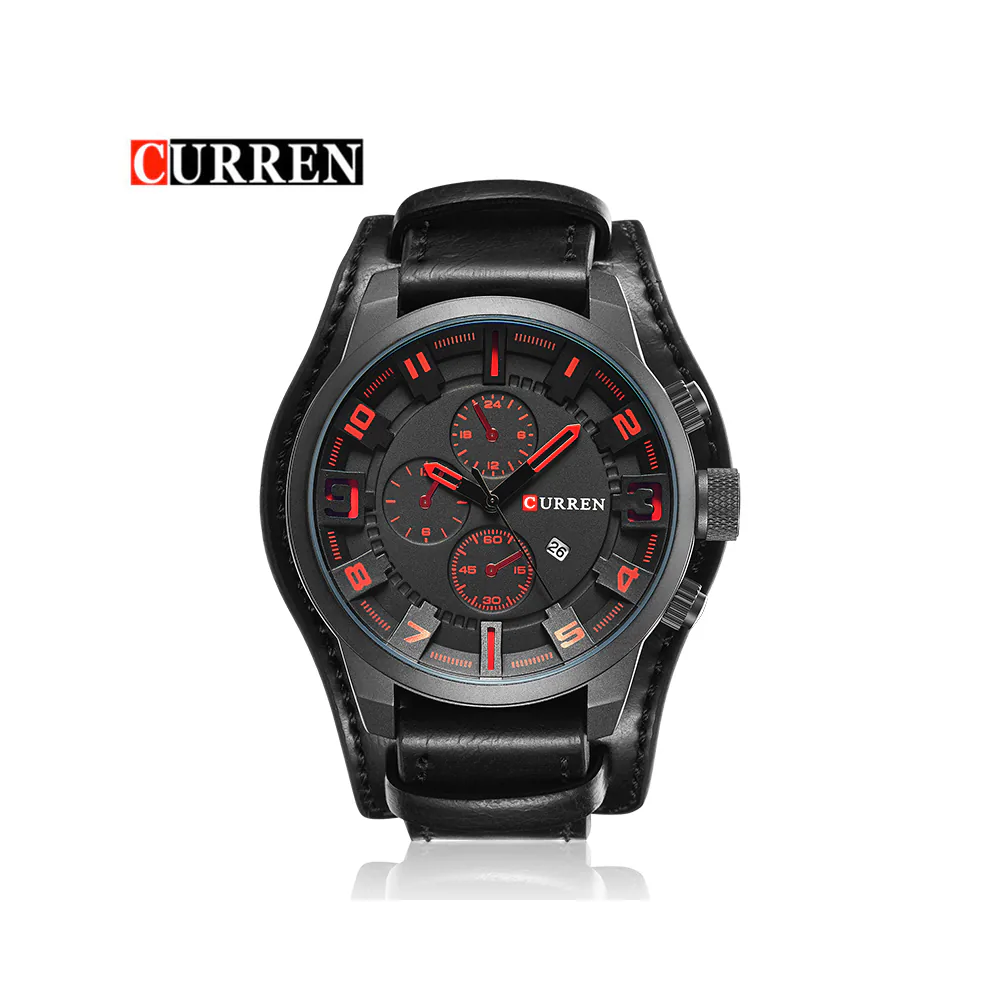 Reloj Curren 8225 negro con detalles rojos y pulso de cuero negro