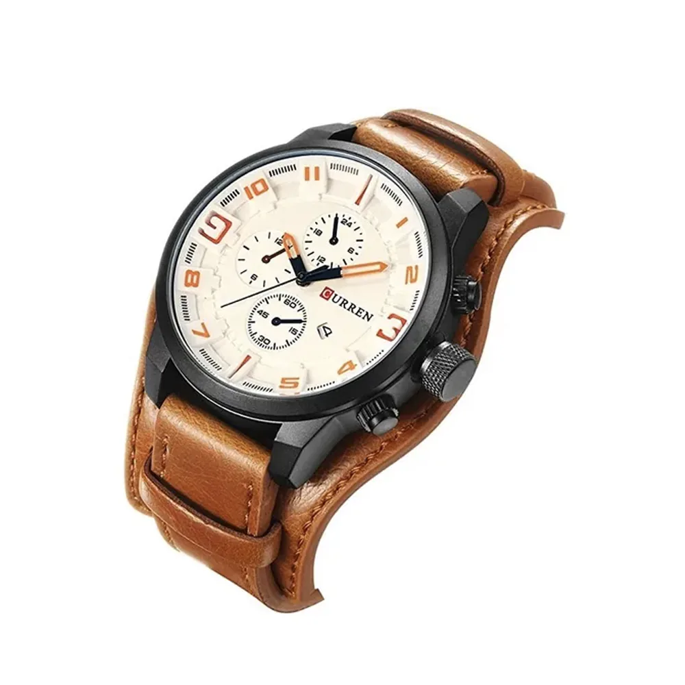 Reloj Curren 8225 con esfera blanca y pulso ancho de cuero café, visto de lado