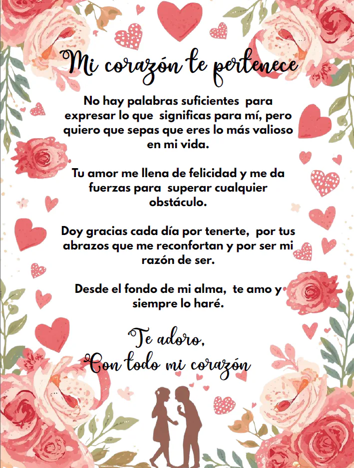Tarjeta dedicatoria «Mi corazón te pertenece» con rosas y corazones