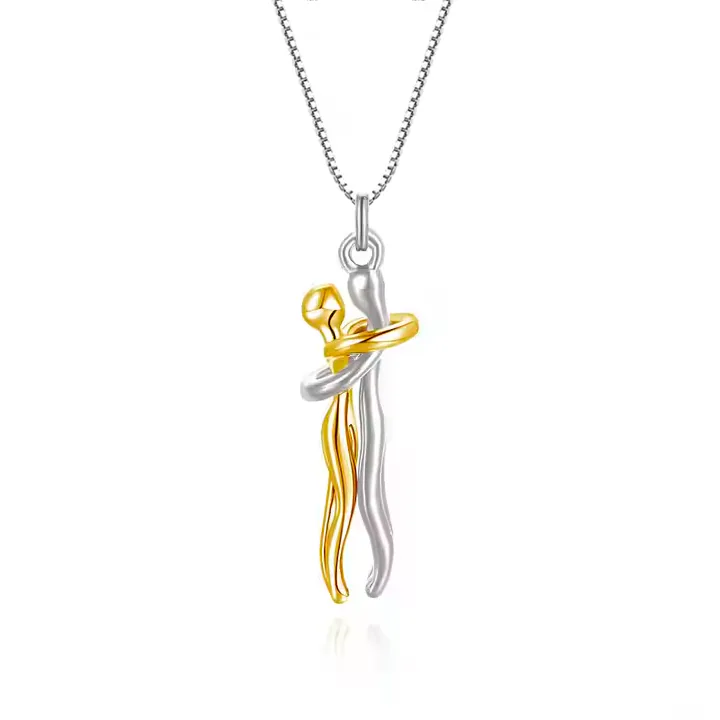 Collar Abrazo Eterno con dije dorado y plateado de dos figuras abrazadas