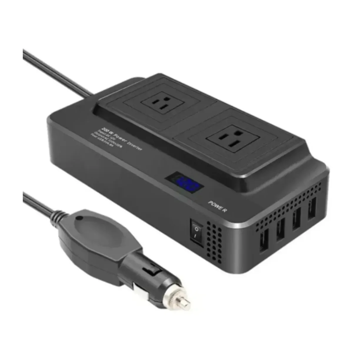 Inversor de corriente para carro con 2 tomas y 4 USB, vista de lado