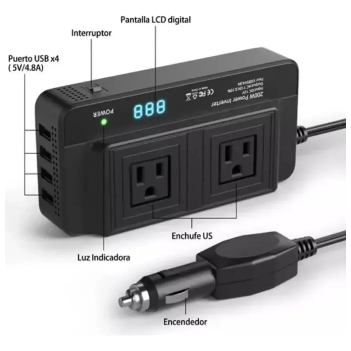 Partes del inversor para carro: 4 puertos USB, pantalla, interruptor, tomas y encendedor